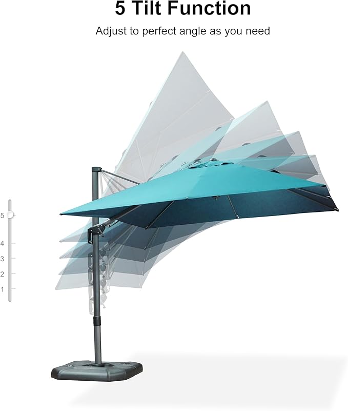 PURPLE LEAF 9.8' X 9.8' Tilting Patio Umbrella with Base Outdoor Cantilever Swivel Square Umbrella with Tilt Aluminum Offset Umbrella with 360-degree Rotation for Garden Deck Pool Patio Turquoise Blue