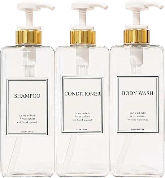 Modern Gold Design Large 27 oz Shampoo and Conditioner Dispensers - Empty Plastic Refillable Pump Bottle Set for Bathroom Shower Soap Dispenser, Set of 3 (Clear & White)