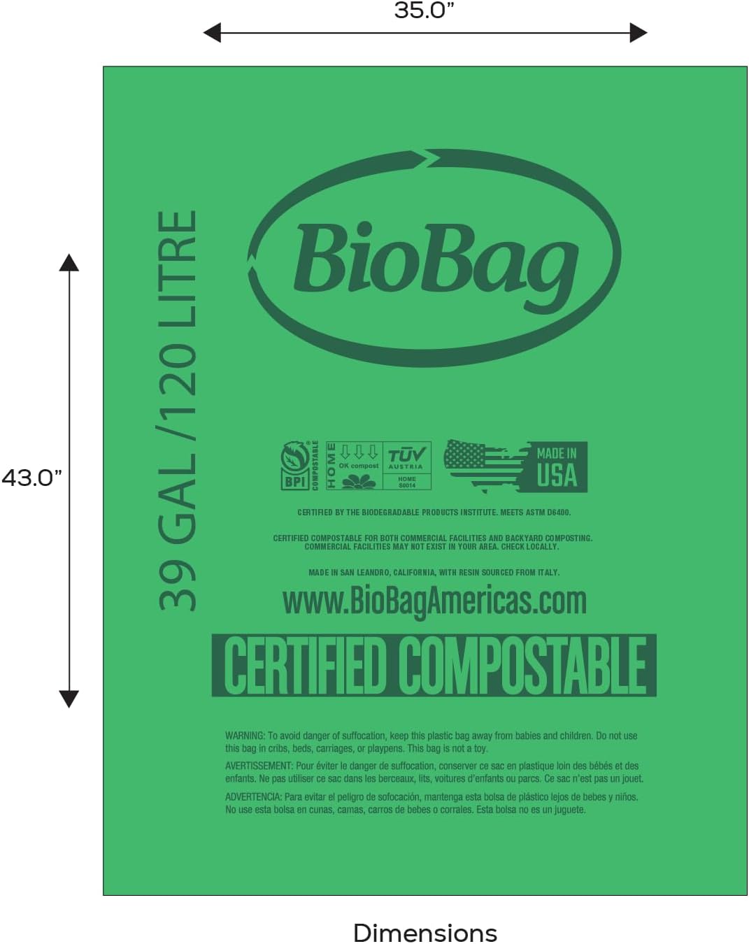 BioBag (USA) The Original Compostable Bag, 39 Gallon, 120 Count, 100% Certified Compostable Trash Bag Liners for Food Waste, Extra Strong and Durable, Trash Bag