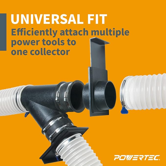 POWERTEC 70359 4" Dust Collection Hose Y-Fitting Connector with Blast Gate and Dust Control Flex Cuff, 1 Set