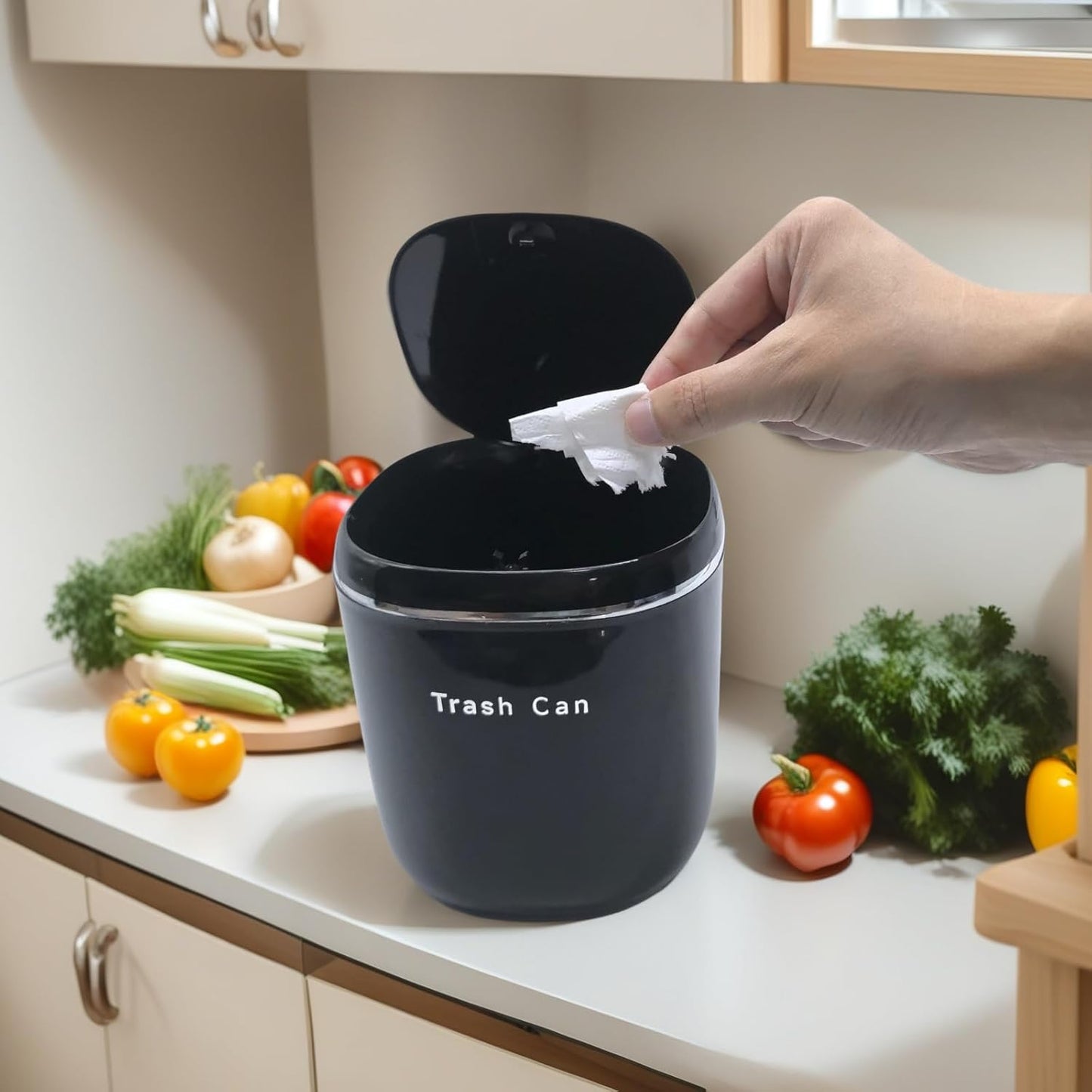 0.8 Gallon Desktop Mini Trash Can with Push-Open Lid, Small Waste Baskets Includes 50 Free Bags, Small Eco-Friendly PP Waste Bin for Office Desk, Bedroom, Bathroom Tiny Garbage Can (Black)