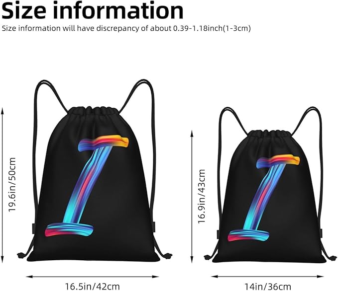 Drawstring Bags Initial Drawstring Backpack Sackpack Black Draw String Cinch Bags for Sports, Gym, Travel, Swimming, Beach, Camping, Rainbow Letter I