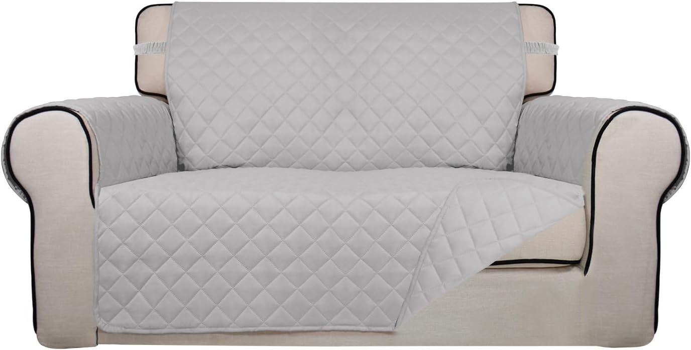 PureFit Reversible Quilted Sofa Cover, Water Resistant Slipcover Furniture Protector, Washable Couch Cover with Non Slip and Elastic Straps for Kids, Dogs, Pets (Loveseat, Light Gray/Light Gray)