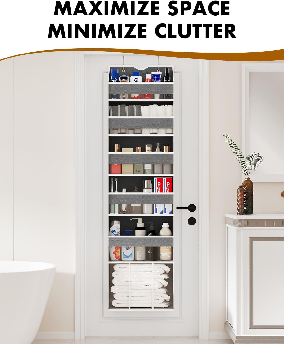 Over The Door Organizer Hanging - 6 Shelf Over Door Organizers with 6 Clear Front & 12 Side Pockets - Swing-proof 50LB Load Behind Door Storage for Closet Bedroom Bathroom Nursery Baby Essentials