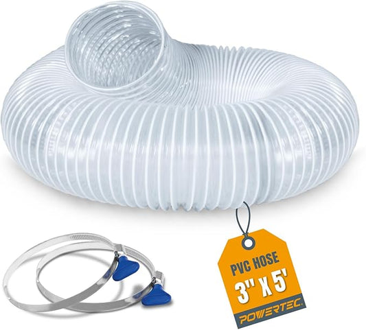 POWERTEC 3" x 5' PVC Flexible Dust Collection Hose with 2pcs Stainless Steel Key Hose Clamps for Table Saw, Planer, CNC Machine, Radial Arm Saw, Woodworking & Wood Shop Dust Collection System (70392)