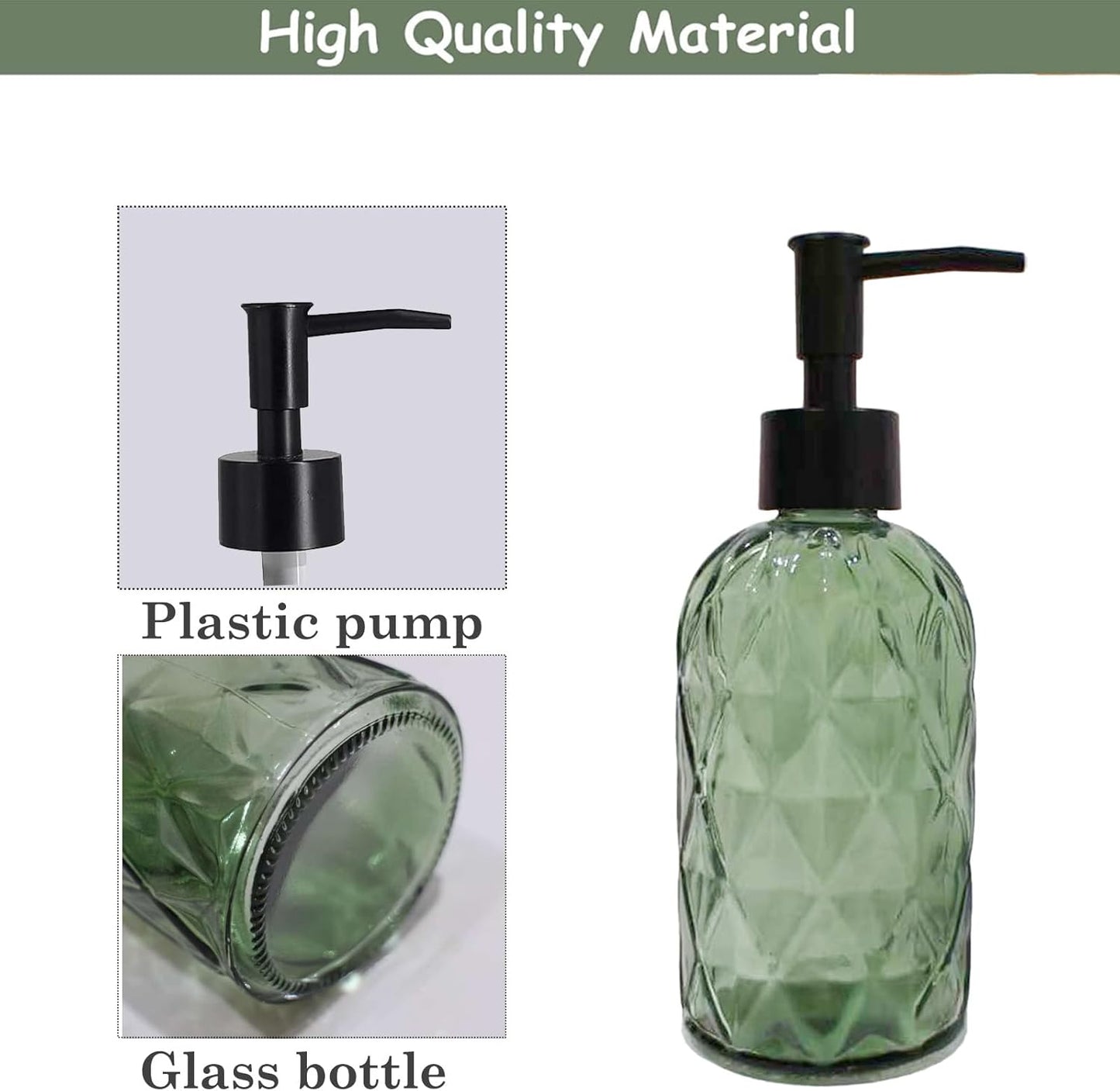 Green Glass Soap Dispenser with Black Plastic Pump, 12Oz Bathroom Clear Liquid Lotion Bottles Refillable Dish Dispensers with Diamond Design, Hand Dish Dispenser for Kitchen