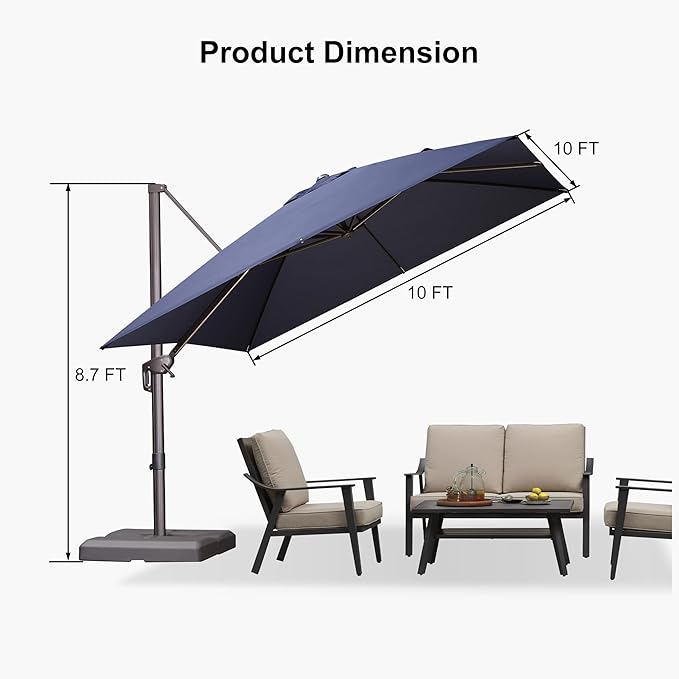 PURPLE LEAF 10 Feet Patio Cantilever Umbrella Square Outdoor Umbrella with 360° Rotation and Aluminum Offset Hanging for Garden Backyard Pool, Navy Blue