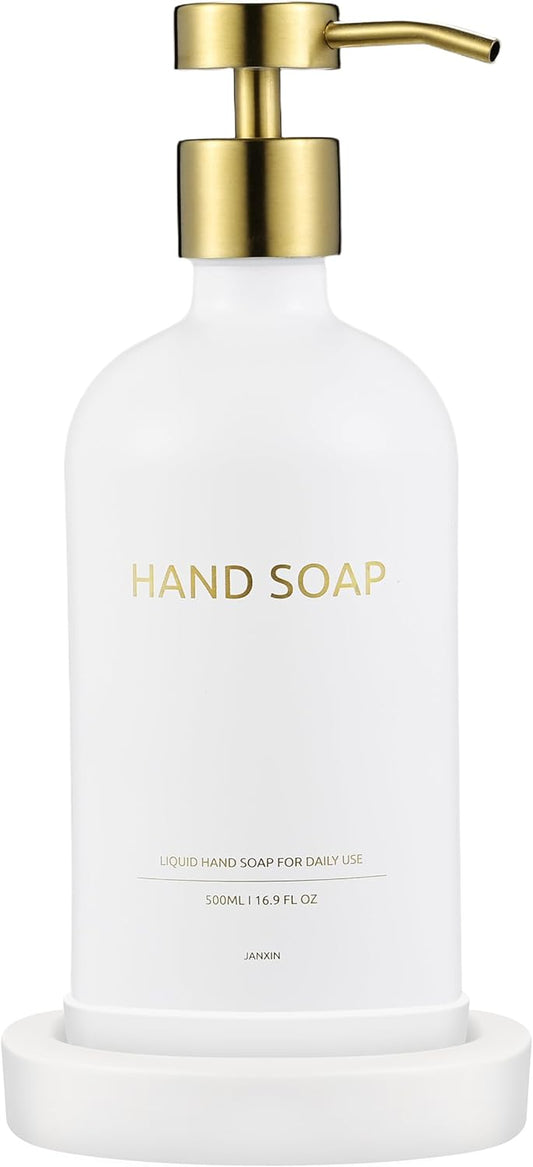 Glass Soap Dispenser Set by Janxin,Bathroom Soap Dispenser Set with Ceramic Tray,Luxury Bathroom Accessories,Modern Kitchen Decor (White+Gold(Hand Soap))
