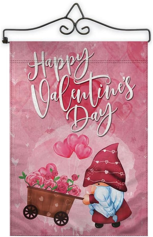 Garden Flag Wall Hanger (Black) & Valentine's Day Gnome 12x18" Garden Flag Full Kit - All Season Decor