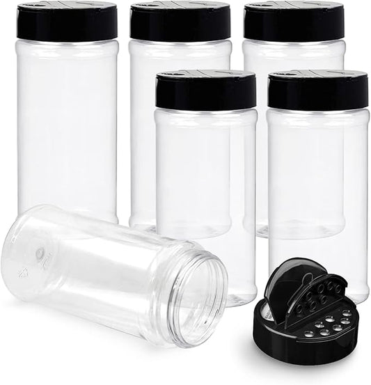 RoyalHouse 6 Pack 16 Oz Plastic Spice Jars with Black Cap, Clear and Safe Plastic Bottle Containers with Shaker Lids for Storing Spice, Herbs and Seasoning Powders, BPA Free, Made in USA