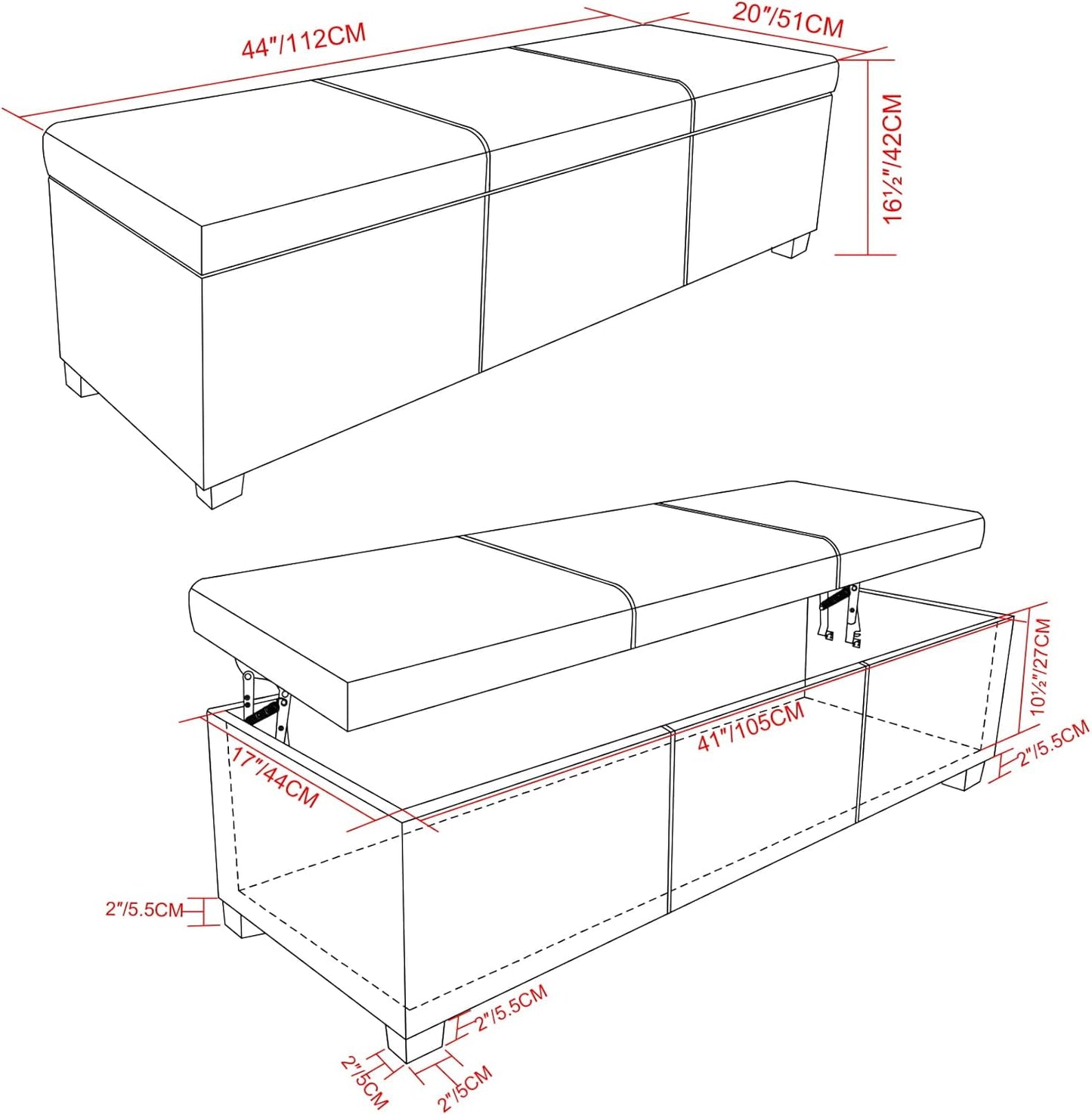 SIMPLIHOME Avalon 44 inch Wide Contemporary Rectangle Lift Top Rectangular Storage Ottoman in Tanners Brown Vegan Faux Leather, Assembled, for the Living Room, Entryway and Family Room.