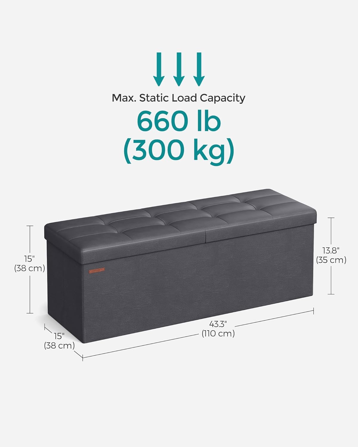 SONGMICS MAZIE Collection - 43 Inches Storage Ottoman Bench with Flipping Lid, Storage Chest with Iron Frame Support, Load 660 lb, for Living Room, Bedroom, Synthetic Leather, Dark Gray ULSF075G01