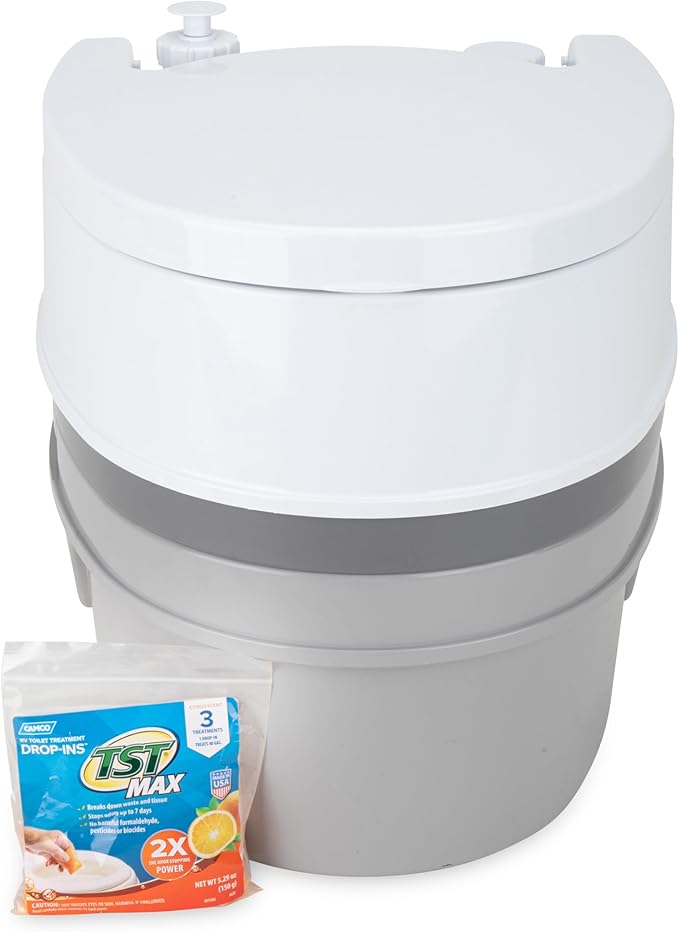 Camco RV Premium Travel Toilet - Features a 5.3-Gallon Detachable Holding Tank, Pump Flush Design & Spring-Loaded Latch (41544)