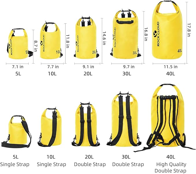 ROCK CLOUD Dry Bag Waterproof 20L Dry Sack for Kayaking Rafting Boating Beach Surfing Swimming Canoe Camping Hiking Fishing Ski, Yellow