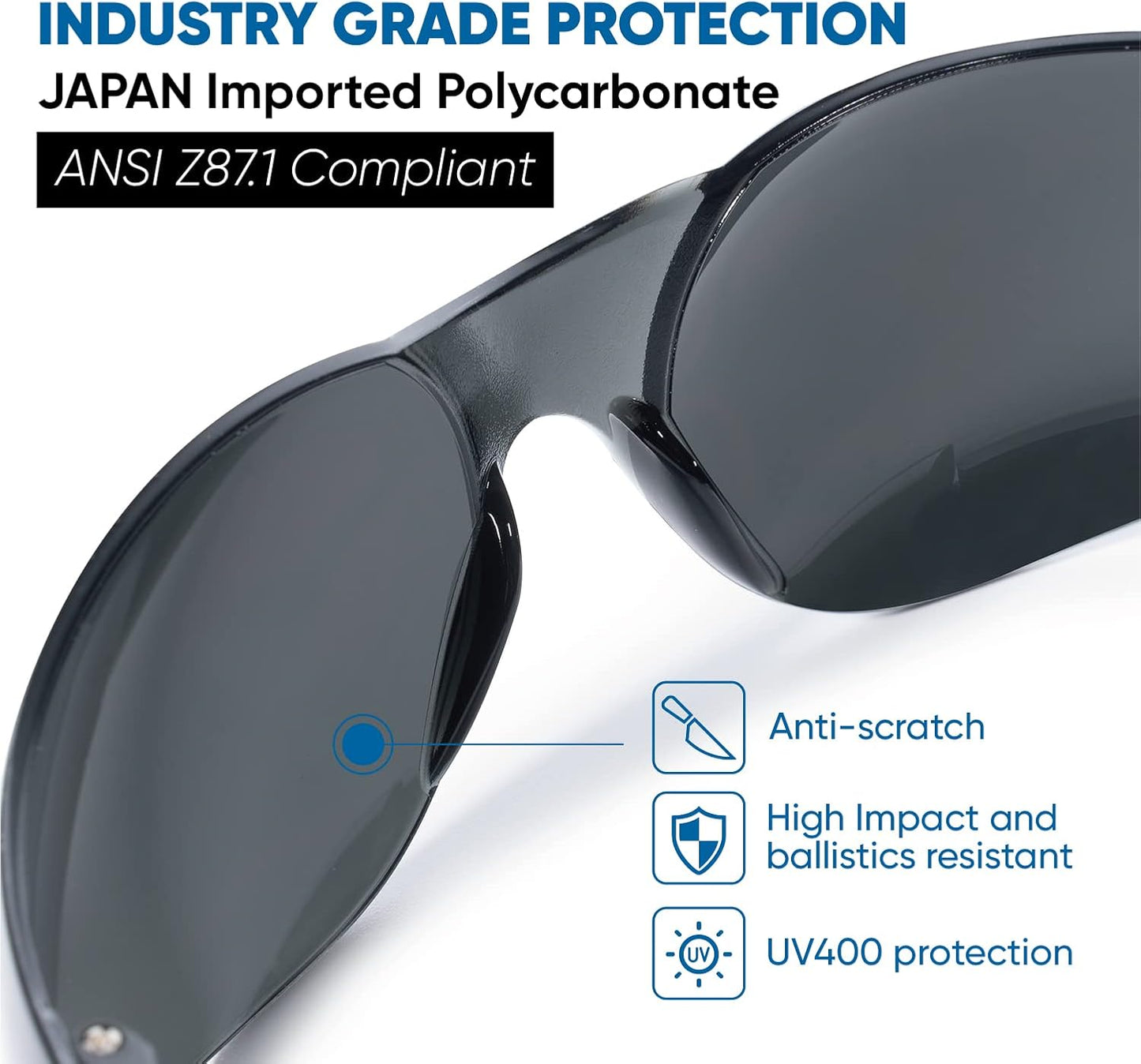 amoolo Tinted Safety Glasses Bulk of 24, Protective Safety Sunglasses, Dark Smoke Lenses for UV Protection, ANSI Z87.1 Impact Resistant Eye Protection for Work, Lab, Construction