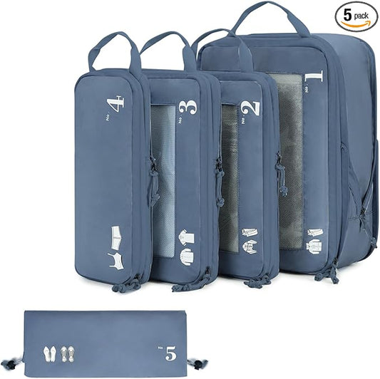ECOHUB 5 Set Compression Packing Cubes for Suitcases Organiser Bags Set Travel Essentials with Shoe Bag for Traveling Tear-resistant Travel Accessories with ID Tag Expandable Packing Bags(All Blue)