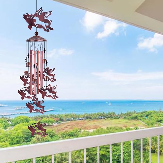Outdoor Flying Pig Wind Chimes Indoor Decor - Hand-Made Mobile Romantic Wind Catcher, 37" Pigs Wind Chime for Home, Balcony, Patio, Garden Decoration, Gift for Mom, (4 Tubes, 6 Bells, 7 Flying Pigs)