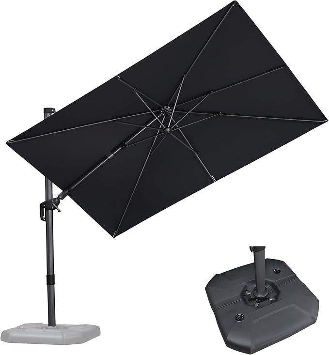 PURPLE LEAF 6.5' X 10' Right-left Tilt Patio Umbrella with Base Outdoor Cantilever Swivel Rectangle Umbrella Aluminum Offset Umbrella with 360-degree Rotation for Garden Deck Pool Patio Grey
