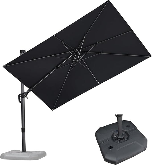 PURPLE LEAF 6.5' X 10' Right-left Tilt Patio Umbrella with Base Outdoor Cantilever Swivel Rectangle Umbrella Aluminum Offset Umbrella with 360-degree Rotation for Garden Deck Pool Patio Grey