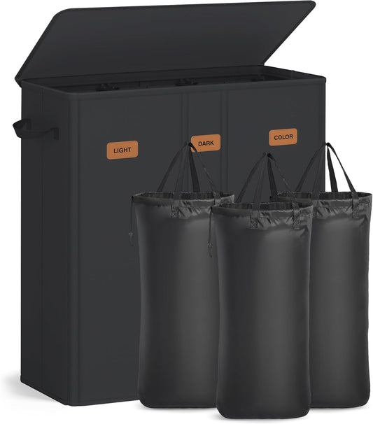 SONGMICS 42.2 Gallon (160 L) Laundry Hamper, 3-Compartment Laundry Basket Sorter with Lid, Labels, Removable Liner Bags, for Bedroom, Ink Black URLH013B01
