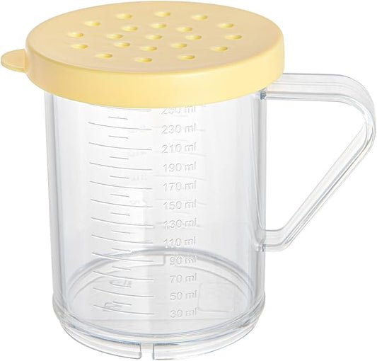 Restaurantware-RW Base 10 Ounce Clear Plastic Dredge Spice Shaker, 1 Reusable Dry Rub Shaker - Includes Yellow Perforated Lid, With Handle, Clear Polycarbonate Spice Holder, For Coarse Seasonings