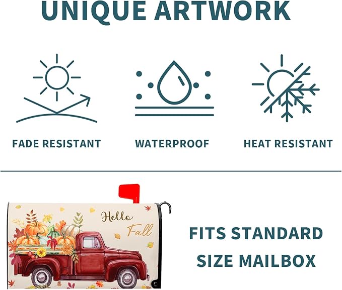 Hello Fall Mailbox Cover Magnetic Autumn Pickup Truck with Pumpkins Letter Box Standard Size 21x18 Inch Happy Harvest Festival Thanksgiving Decorative Waterproof Post Box Covers for Garden Yard