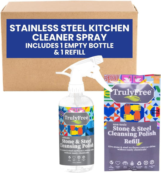 Truly Free Stone & Steel Cleansing Polish Starter Kit - Quartz, Marble, Granite, Stone Countertop, Oven, Stainless Steel Cleaner - 16oz Spray Bottle, 2 Refills (4oz) No Harmful Ingredients