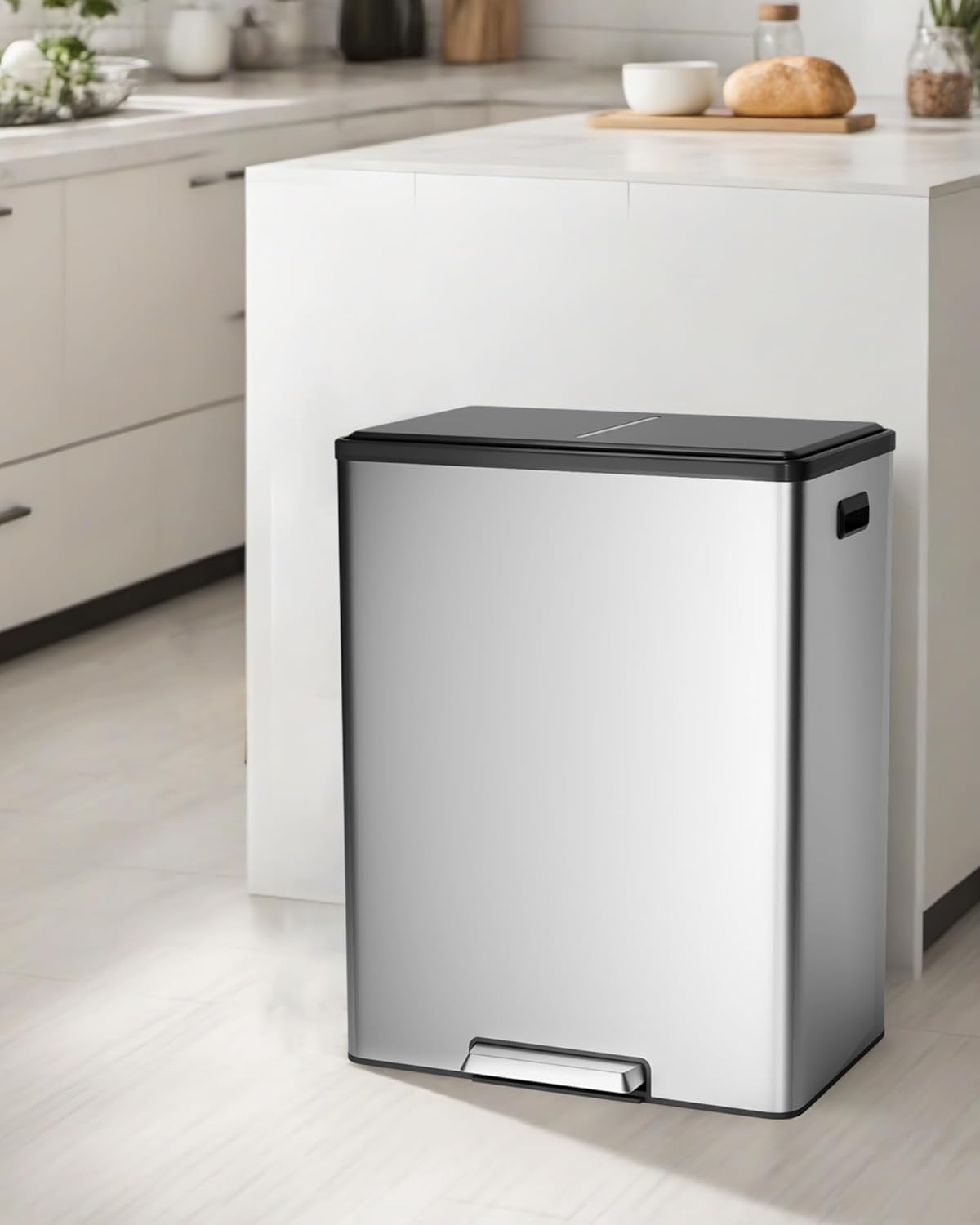 Garvee Dual Trash Can for Recycling and Trash, 2 x 30 L (60 L) Stainless Steel Kitchen Trash Can with Lid and Foot Pedal, Double Compartment Garbage Can, with Recycling Bin, 2 x 8 Gallon