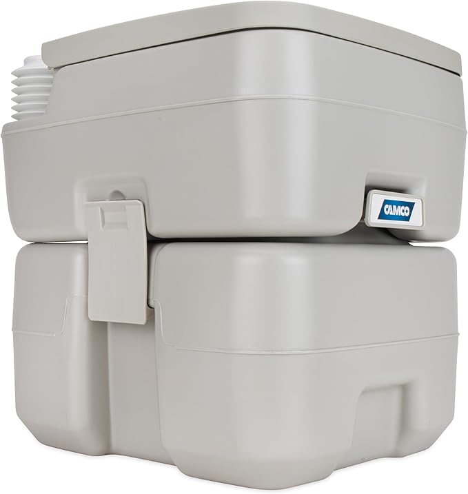Camco 5.3-Gallon Portable Toilet - Features Detachable Holding Tank w/Sealing Slide Valve & Bellow-Type Flush - Easy Transport w/Compact Lightweight Design & Carry Handle - Gray (41541)