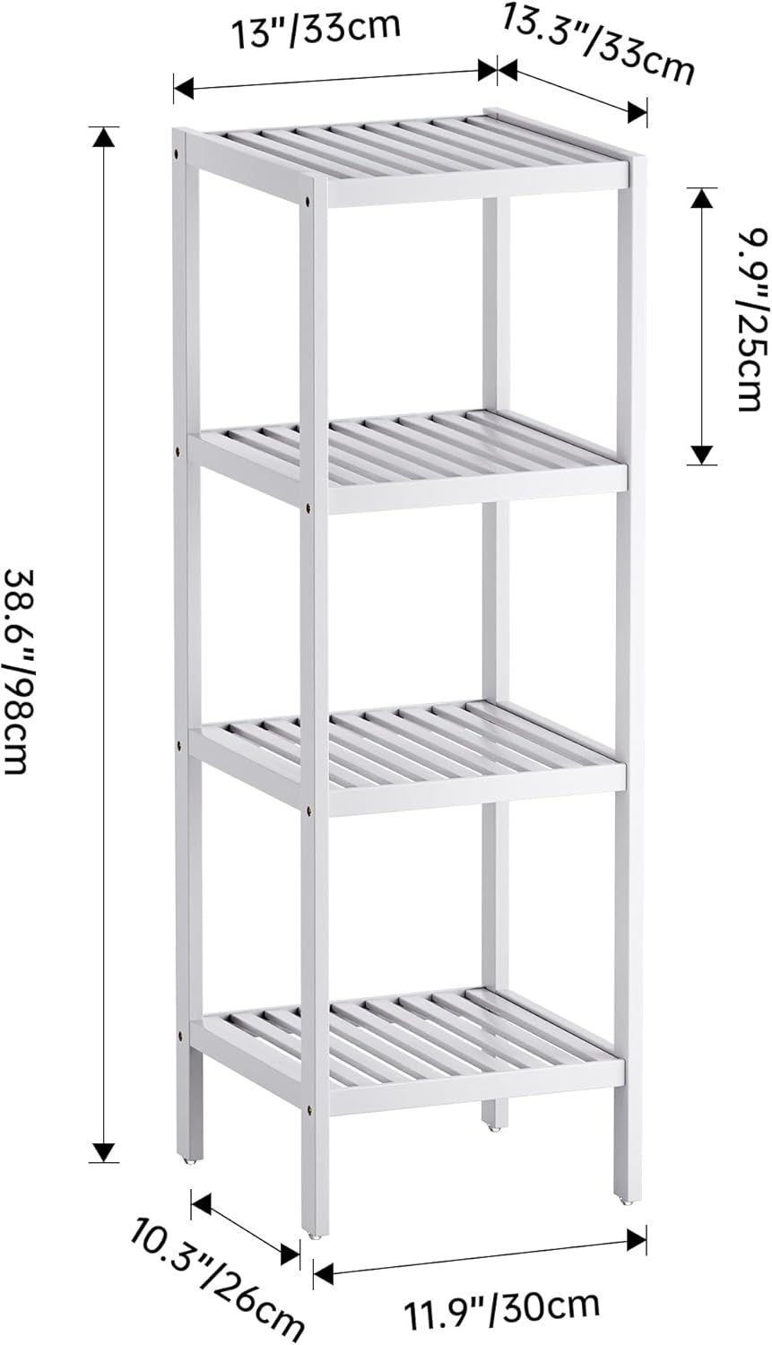 SMIBUY Bathroom Storage Shelf, 4-Tier Bamboo Rack Organizer, Multifunctional Shelving Unit for Living Room Bedroom Kitchen (White)