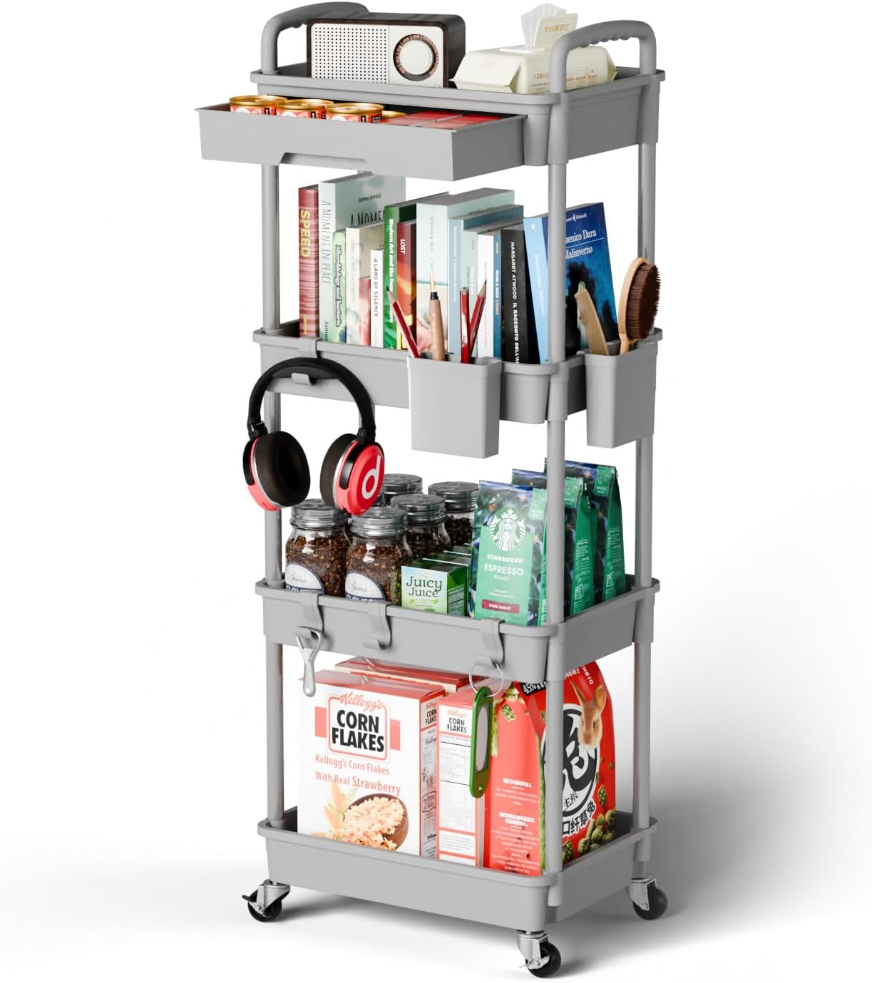 4 Tier Rolling Cart Organizer,Art Craft Diaper Bedside Snack Laundry Room Bathroom Organizer Narrow Thin Slim Rolling Trolley Utility Cart with Wheels for Kitchen,Office(Grey)