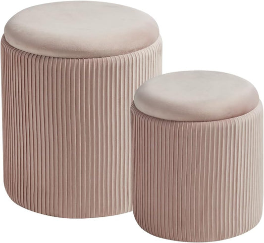 Round Set of 2 Ottoman with Storage-Upholstered Velvet Vanity Stool for Makeup Multifunctional Ottomans Coffee Table Padded Seat Foot Rest for Living Room&Bedroom (Pink)