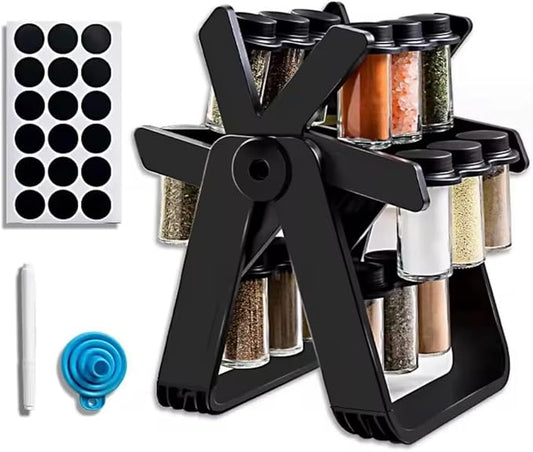 Rotating spice rack set designed to organize and store various spices. This spice rack appears to have a rotating carousel design, allowing easy access to different spices.