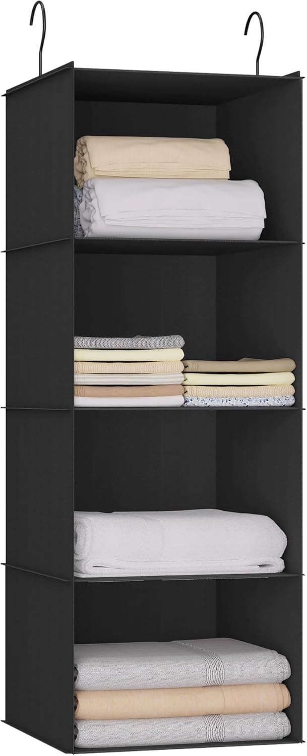 Hanging Closet Organizer, Easy Mount Foldable 4-Shelf Hanging Closet Wardrobe Storage Shelves, Clothes Handbag Shoes Accessories Storage, Washable Oxford Cloth Fabric, Black