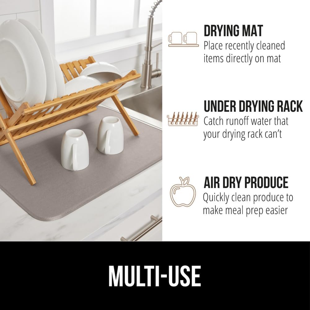 GORILLA GRIP Ultra Water Absorbent Microfiber Dish Drying Mat, 18x24, Quick Dry Thick Mesh, Slip Resistant Pad for Sink Dishes or Under Rack, Kitchen Counter Accessories, Machine Wash Mats, Almond