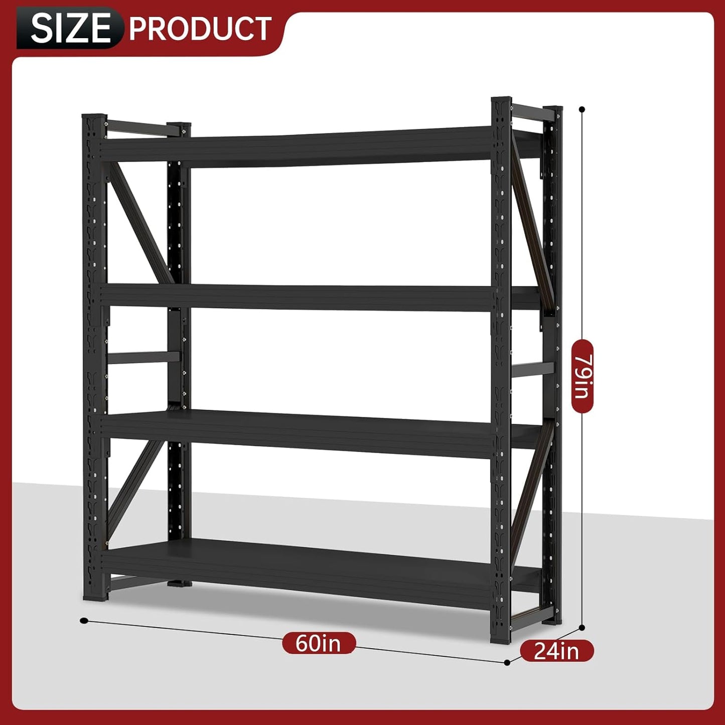 60" W Storage Shelves Heavy Duty, 4 Tier Metal Garage Shelving Units, 5000LBS Heavy Duty Adjustable Shelf, Garage Storage Rack, Industrial Shelving for Shop, Warehouse,60" W x 24" D x 79" H
