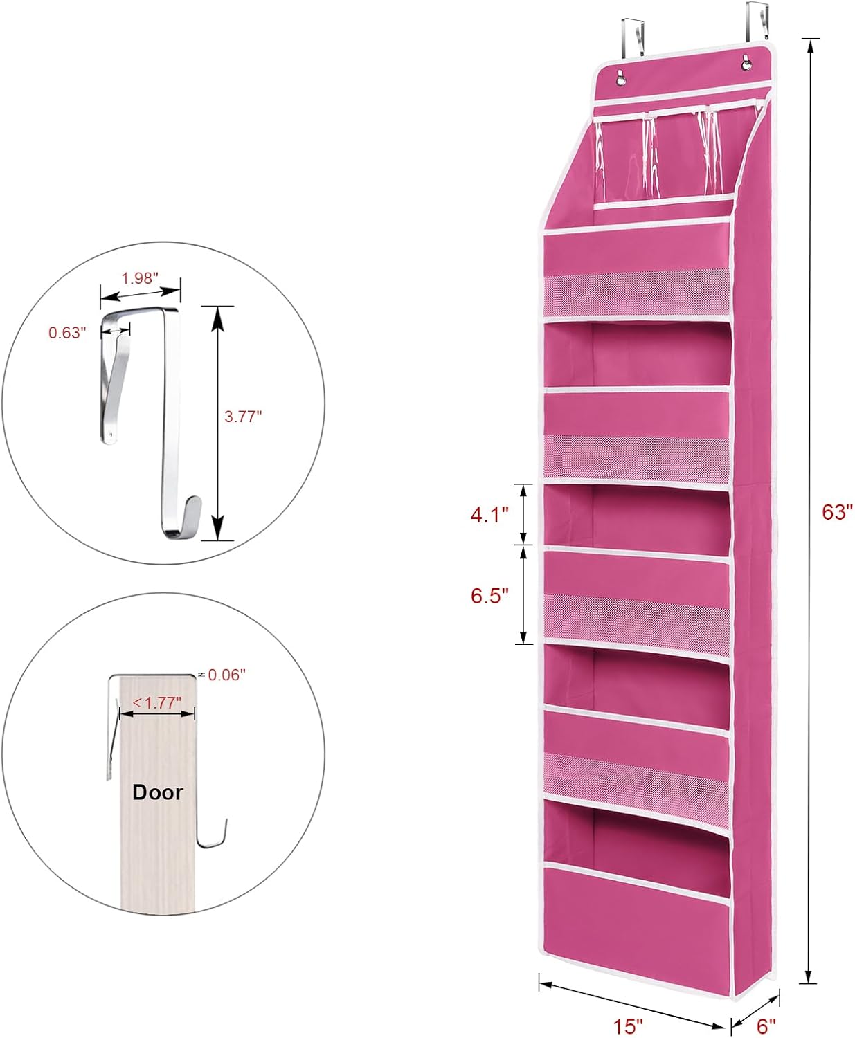 Univivi 6-Shelf Over Door Hanging Organizer Fabric Baby Door Storage with 5 Large Pockets and 3 Small PVC Pockets Wall Mount Hanging Storage Organizers for Baby Essential (Pink)