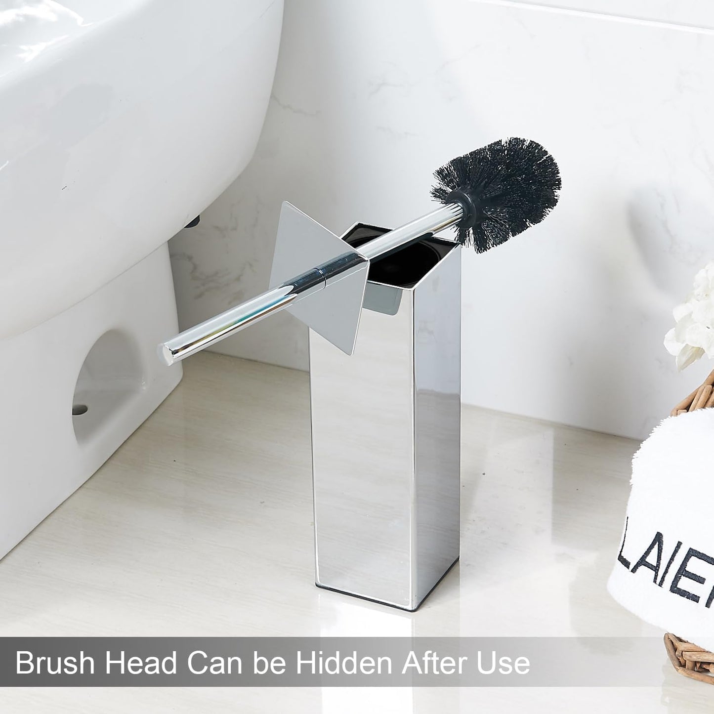 Chrome Square Stainless Steel Toilet Brush with Holder, 304 Modern Toilet Brush Set – Rust Resistant, Long Handle, Replacement Heads, Floor Standing Bathroom Toilet Cleaning Brush