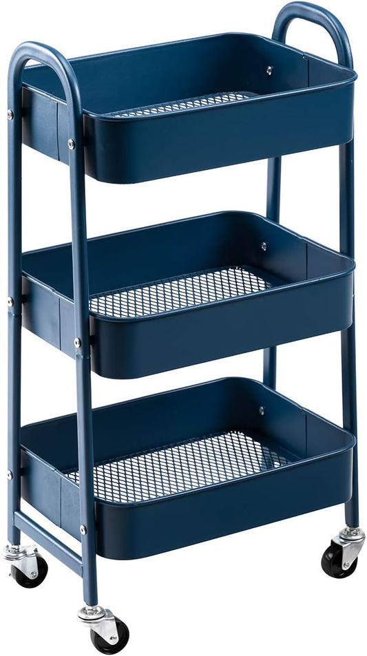 AGTEK Makeup Cart, Movable Rolling Organizer Cart, 3 Tier Metal Utility Cart,Navy Blue