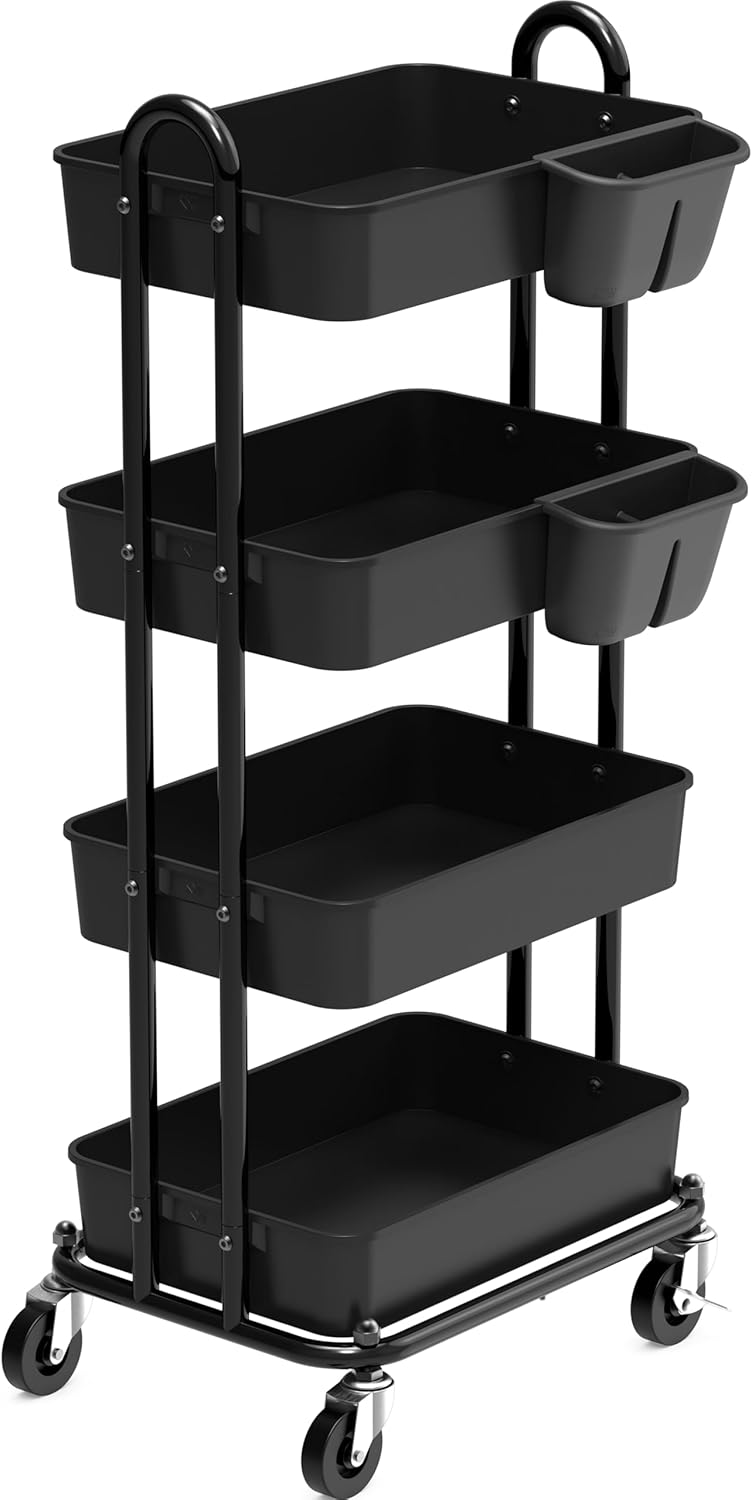 Simple Houseware 4-Tier Multifunctional Rolling Utility Cart with Hanging Buckets, Black