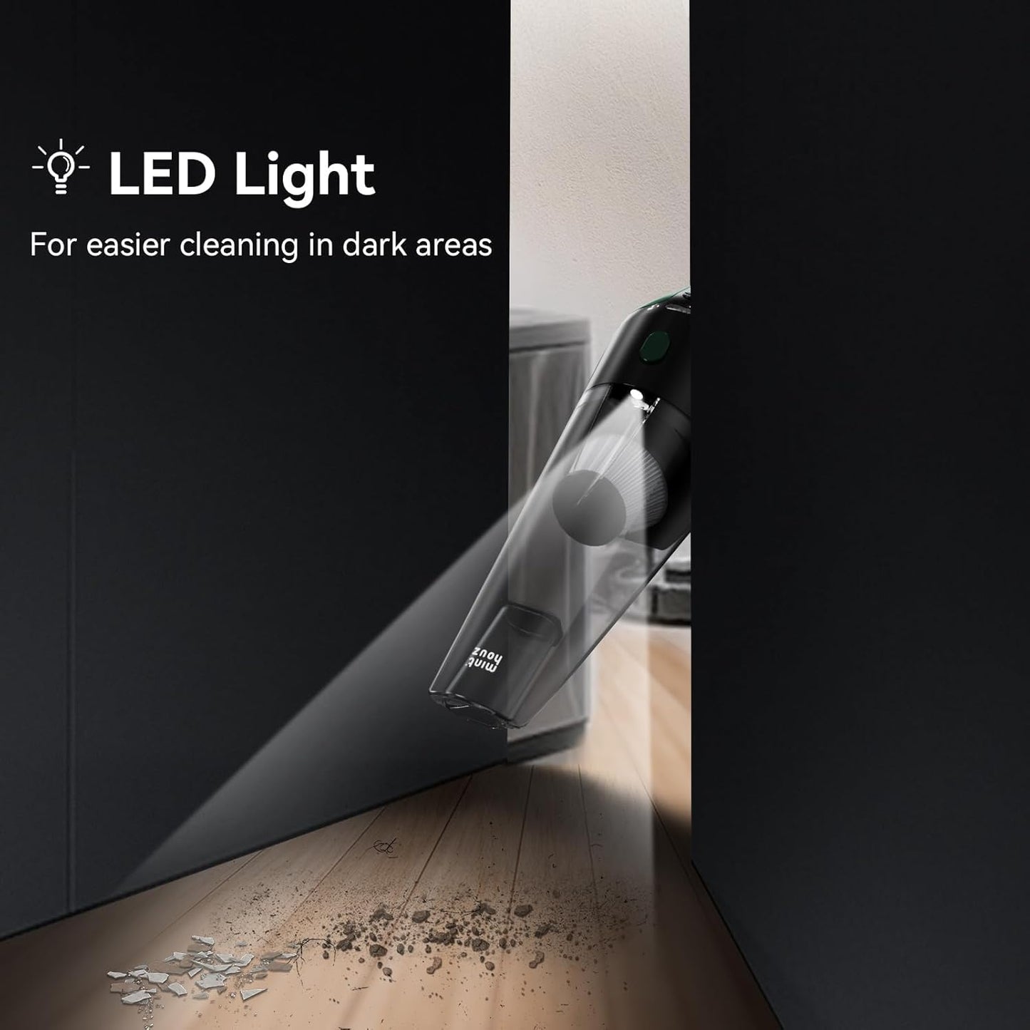 Minthouz Handheld Vacuum Cordless, Strong Suction Car Vacuum Cleaner with LED Light, Long Runtime Hand Vacuum Cordless Rechargeable, Hand Held Vac with Charging Base for Home/Car/Pet/Office