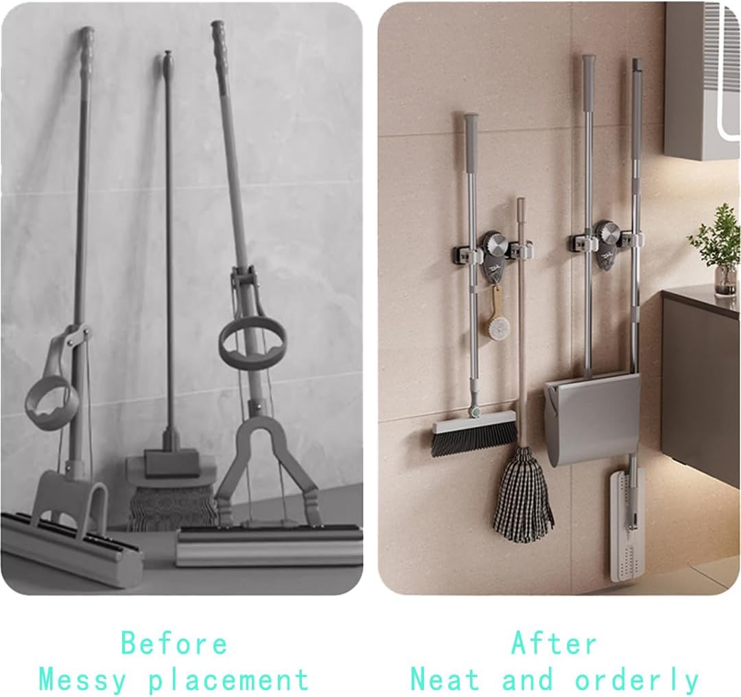 Mop and Broom Holder Wall Mount, No Punching Required Broom and Mop Organizer Wall Hanging with Hooks for Bathroom, Laundry Room, Garage, Kitchen,Garden Tool Organizer Storage (1pcs Gray)