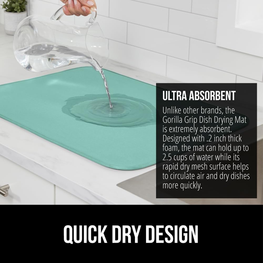 GORILLA GRIP Ultra Water Absorbent Microfiber Dish Drying Mat, 18x24, Quick Dry Thick Mesh, Slip Resistant Pad for Sink Dishes or Under Rack, Kitchen Counter Accessories, Machine Wash, 2 Pack Mint