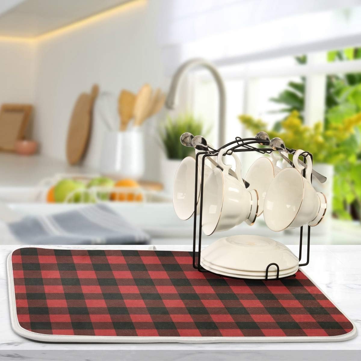 Red and Black Buffalo Plaid Dish Drying Mat 16x18 for Kitchen Merry Christmas Winter Xmas Dishes Pad Dish Drainer Rack Mats Absorbent Fast Dry Kitchen Accessories