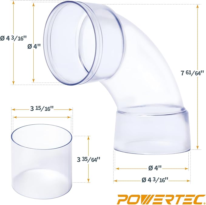 POWERTEC 70309-P2 4 Inch ID 90 Degree Elbow for 4" OD Dust Collection Pipes, Adapters and Fittings with Splice for 4 Inch ID Dust Collection Hose Connector (Clear), 2 Sets