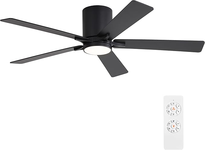 WINGBO 52" DC Flush Mount Ceiling Fan with Lights, 6-Speed Reversible DC Motor, 3CCT, Low Profile Hugger Ceiling Fan for Living Room Bedroom Kitchen, Black Finish and Black/Walnut Blades