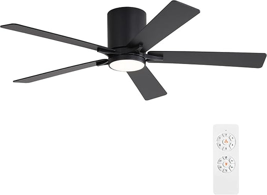 WINGBO 52" DC Flush Mount Ceiling Fan with Lights, 6-Speed Reversible DC Motor, 3CCT, Low Profile Hugger Ceiling Fan for Living Room Bedroom Kitchen, Black Finish and Black/Walnut Blades
