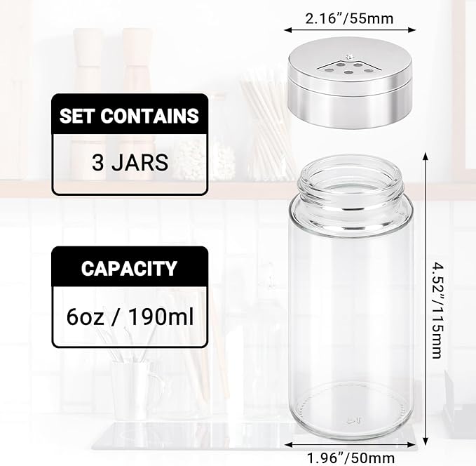 Segarty Spice Jar with Shaker Lids, 3 Pack 6 oz Spice Jars with Adjustable Pour Large Holes for Herbs Grains, Empty Glass Spices Bottles Seasoning Containers Clear Salt Pepper Shakers