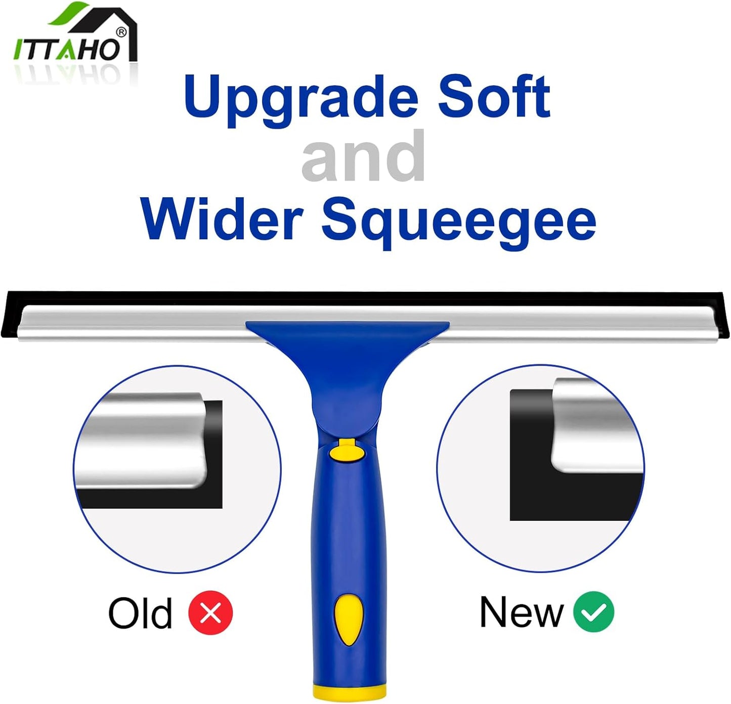 ITTAHO Squeegee for Window Cleaning,12" Squeegee and 11" Microfiber Scrubber Combi with Stainless Steel Pole,Extendable Window Cleaner for Car,Sliding Door,Shower Glass Door-Swivel Style-2 Pads