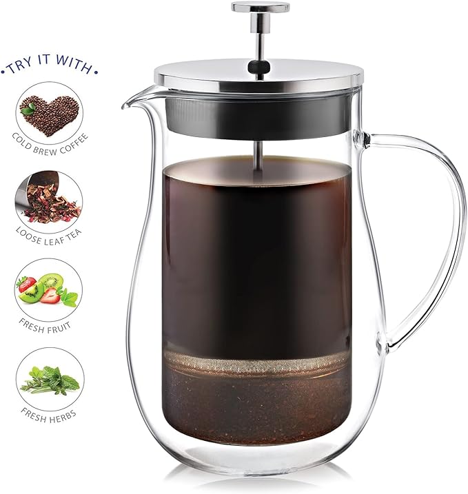 Teabloom Stay-Hot Glass French Press – Insulated 27-Ounce (800 mL) Loose Tea Steeper and Coffee Maker – Connoisseur's Choice